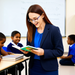 A professional female reading teacher with a warm, inviting expression, in a modern, vibrant classroom. She is wearing a modest business-casual outfit, fully clothed, appropriate attire. She is actively engaging with a diverse group of young children (ages 6-9), who are also fully clothed in appropriate school attire. The children are gathered around her, looking curious and enthusiastic, some holding physical books, while a subtle tablet with an educational reading app is visible but not distracting. The scene highlights interactive learning and a lively atmosphere. Perfect anatomy, correct proportions, well-formed hands, proper finger count, natural body proportions. Professional photography, high-resolution, sharp focus, natural lighting. Safe for work, appropriate content, professional, family-friendly.