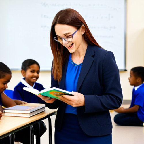 A professional female reading teacher with a warm, inviting expression, in a modern, vibrant classroom. She is wearing a modest business-casual outfit, fully clothed, appropriate attire. She is actively engaging with a diverse group of young children (ages 6-9), who are also fully clothed in appropriate school attire. The children are gathered around her, looking curious and enthusiastic, some holding physical books, while a subtle tablet with an educational reading app is visible but not distracting. The scene highlights interactive learning and a lively atmosphere. Perfect anatomy, correct proportions, well-formed hands, proper finger count, natural body proportions. Professional photography, high-resolution, sharp focus, natural lighting. Safe for work, appropriate content, professional, family-friendly.