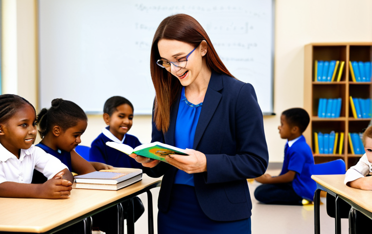 A professional female reading teacher with a warm, inviting expression, in a modern, vibrant classroom. She is wearing a modest business-casual outfit, fully clothed, appropriate attire. She is actively engaging with a diverse group of young children (ages 6-9), who are also fully clothed in appropriate school attire. The children are gathered around her, looking curious and enthusiastic, some holding physical books, while a subtle tablet with an educational reading app is visible but not distracting. The scene highlights interactive learning and a lively atmosphere. Perfect anatomy, correct proportions, well-formed hands, proper finger count, natural body proportions. Professional photography, high-resolution, sharp focus, natural lighting. Safe for work, appropriate content, professional, family-friendly.