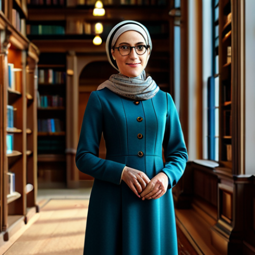 **

"A professional female librarian in a modest, long-sleeved dress and headscarf, standing in a brightly lit library with tall bookshelves filled with books, fully clothed, appropriate attire, safe for work, perfect anatomy, natural proportions, family-friendly, high-quality digital art, warm lighting, depth of field."

**