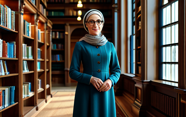**

"A professional female librarian in a modest, long-sleeved dress and headscarf, standing in a brightly lit library with tall bookshelves filled with books, fully clothed, appropriate attire, safe for work, perfect anatomy, natural proportions, family-friendly, high-quality digital art, warm lighting, depth of field."

**