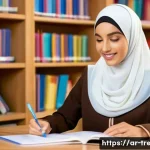 독서지도사 취업 추천 사이트 - A professional Arab female reading specialist in a modern educational office setting, wearing modest...