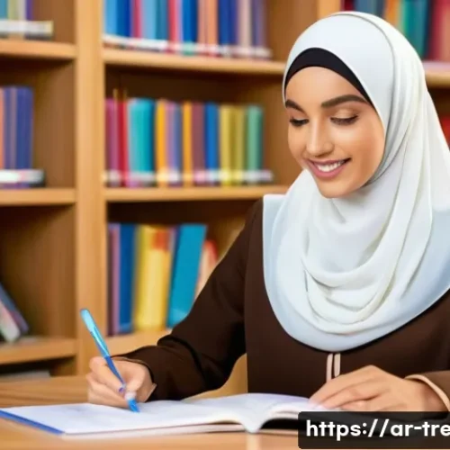 독서지도사 취업 추천 사이트 - A professional Arab female reading specialist in a modern educational office setting, wearing modest...