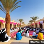 독서지도사와 독서활동가의 차이 - A warm and inviting community reading event in a Middle Eastern village setting, featuring diverse p...