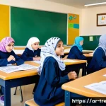 독서지도사 강의 실습 경험담 - A vibrant classroom scene in a modern Arab school setting, featuring a diverse group of young studen...