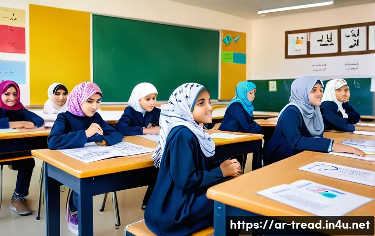 독서지도사 강의 실습 경험담 - A vibrant classroom scene in a modern Arab school setting, featuring a diverse group of young studen...