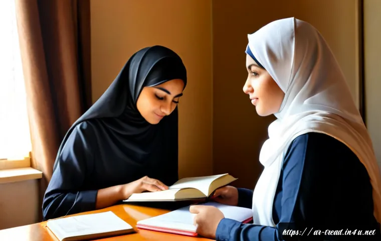 Home 13 독서지도사 면접 준비법 - Photorealistic scene of an Arab woman preparing for a reading instructor job interview at a tidy hom...