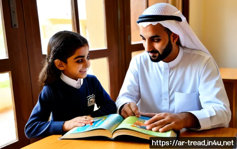 Home 15 독서지도사 협회 정보 및 혜택 - Photorealistic Arabic reading education advisor in modest professional attire guiding a primary scho...